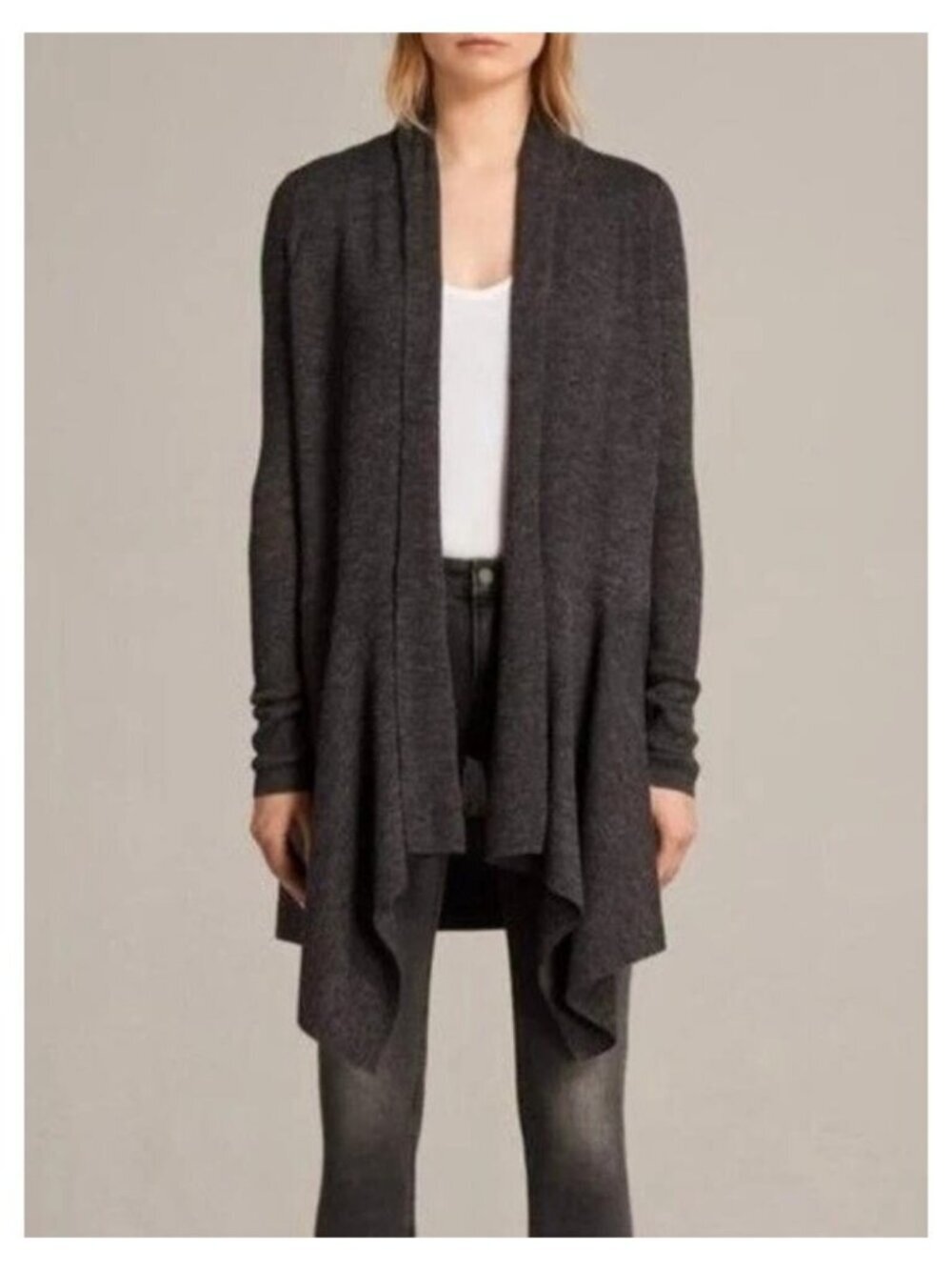 ALLSAINTS Keld Wool Blend Draped Open Front Knit Sweater Cardigan Size XS Gray